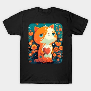 Orange Cat Heart In The Garden Waiting Love T-Shirt